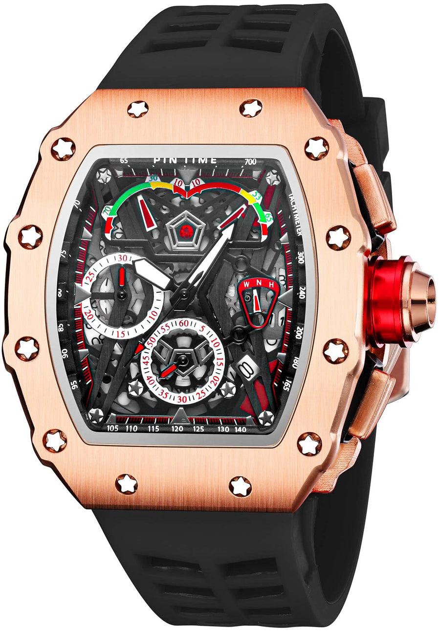 Mens Luxury Tonneau Square Watches Analog Punk Chronograph Unique Sports Wrist Watch Japanese Movement Luminous Design with Rubber Band (Rosegold Black)