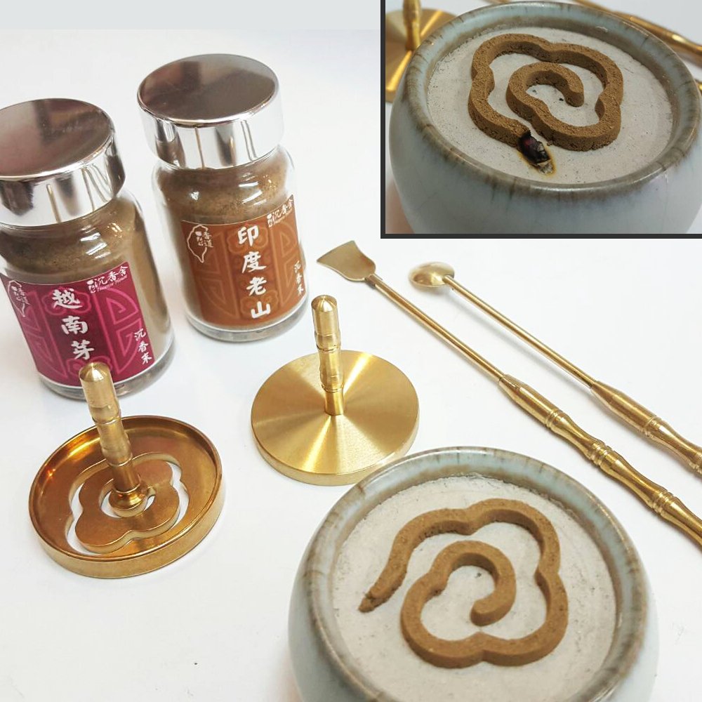 Shape Incense Mold Tool Set - Brass Cloud Shape Mold + Brass Spoon &amp; Shovel + Brass Press + Agarwood Powder + Sandalwood Powder