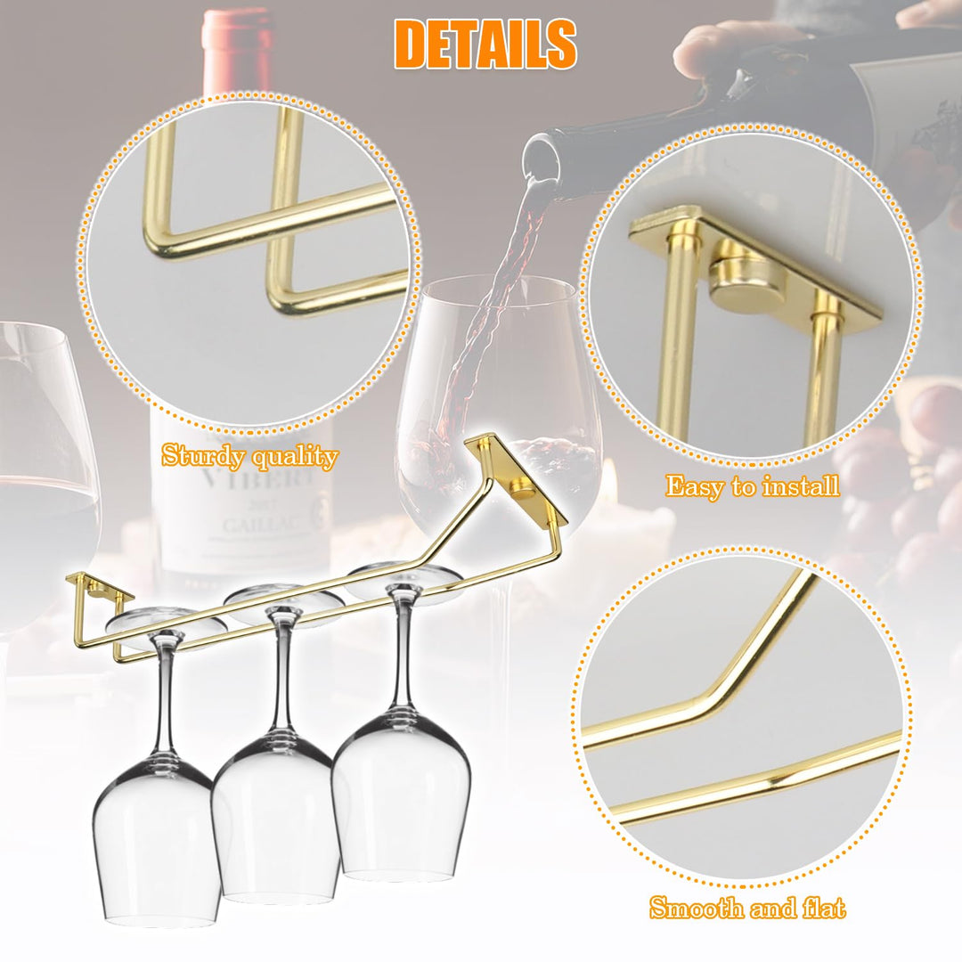 10.8 Inch Gold Wine Glass Rack, Under Cabinet Wine Glass Holder, Metal Stemware Rack Wine Glass Hanger for Kitchen Storage (2 Pack)