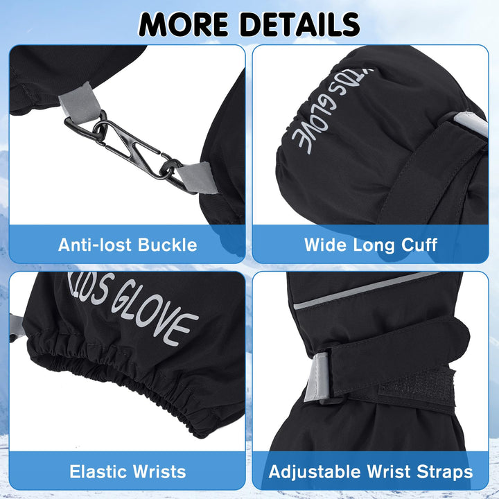 Kids Gloves Waterproof Boys Girls Ski Gloves Kids Snow Gloves for Toddlers Warm Winter Gloves for Kids Black S (4-6 Years)