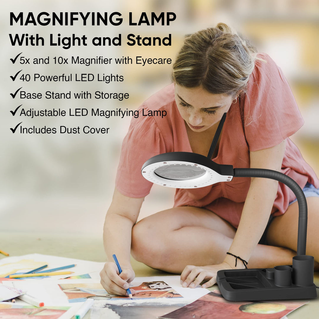Magnifying Glass with Light and Stand-5X 10X Magnifying Lamp, Magnifying Glass for Reading, Desk Lamp with Magnifier for Close Work (Black)