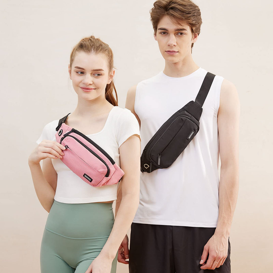 Black Fanny Packs for Women Men Fashionable Waterproof Belt Bag Gifts for Running Sport Workout Hiking Travel Crossbody Plus Size Waist Pack Phone Bag Wallets Purse Carrying All Phones