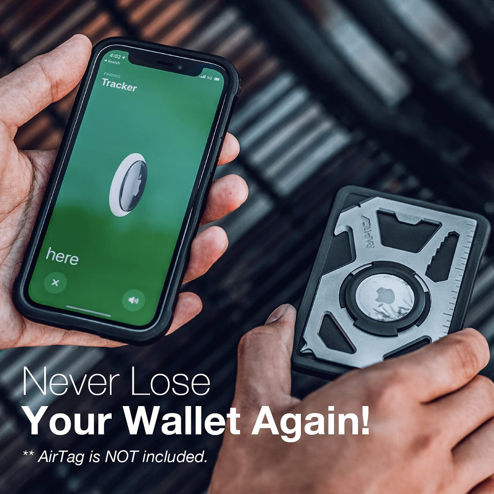 Raptic Tactical Wallet Case for Apple AirTags, Multifunctional 4-Card Wallet with AirTag Holder, 8-in-1 Multitool, Stainless Steel and Real Leather