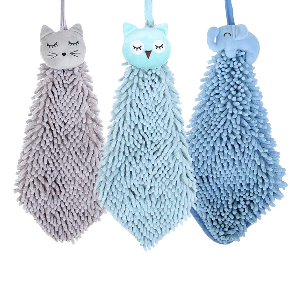 6 Pack Cute Chenille Soft Hanging Hand Towels, Funny Cat, Pig, Owl, Penguin, Elephent, Bear Washcloths, Absorbent Thick Kitchen&amp;Bathroom Microfiber Towel Bulk