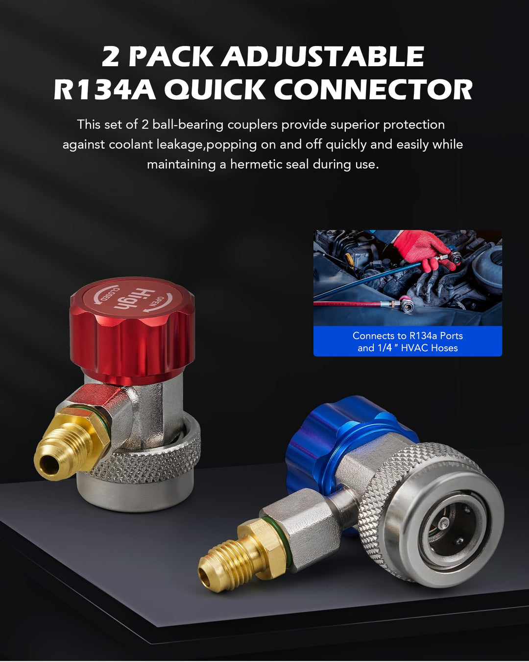 R134a Quick Coupler Adapter, Adjustable R134a Adapters and AC Hose Fittings, HP and LP Connectors for R134a Car AC System Evacuation Recharging and More, 1/4 Flares, Set of 2