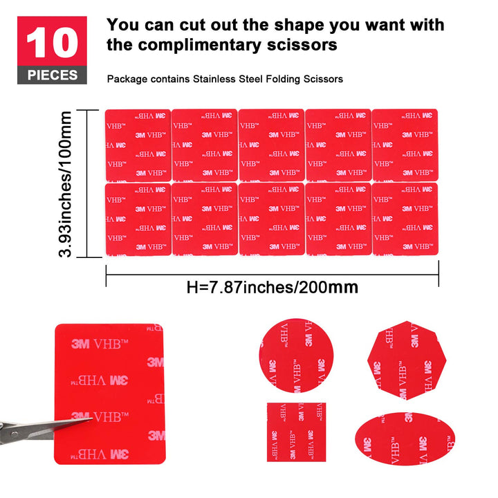 3M Double Sided Adhesive Tape Pads 10 PCS Multipurpose 3M VHB Sticky Adhesive Pads Replacement Mounting Tape with Stainless Steel Folding Scissors and Storage Box - 1.96 in x 1.57 in