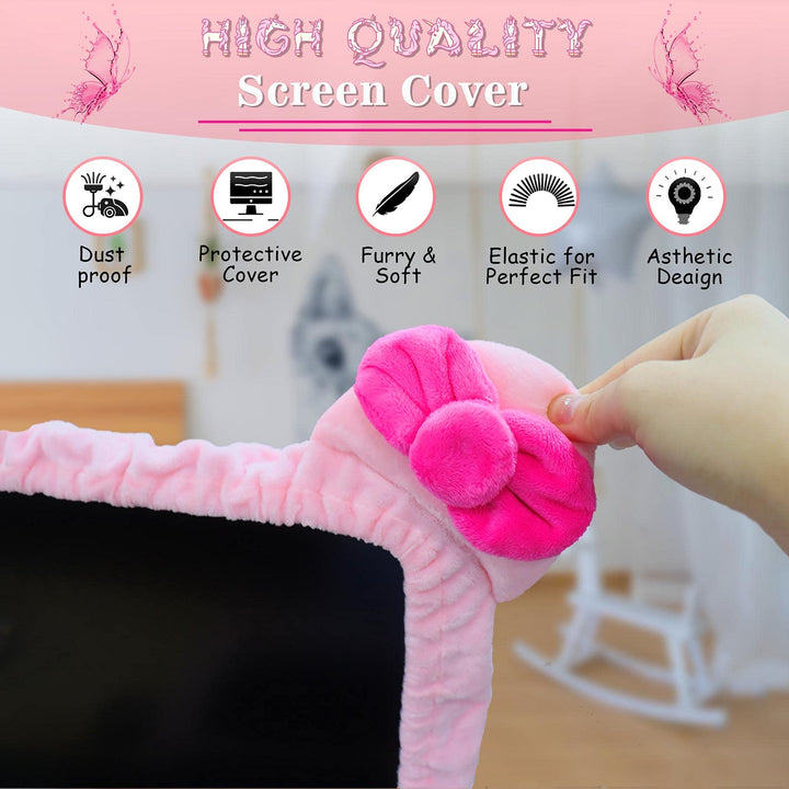 23&#39;&#39; - 34&#39;&#39; Computer Monitor Protective Cover with Cat Ear Design, Cute Monitor Dust Cover with Furry Design, Elastic Dustproof, Suitable for PC, Tablet, TV