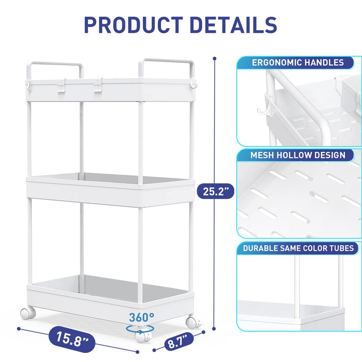 Ronlap Slim Storage Cart, 3 Tier Utility Rolling Cart w