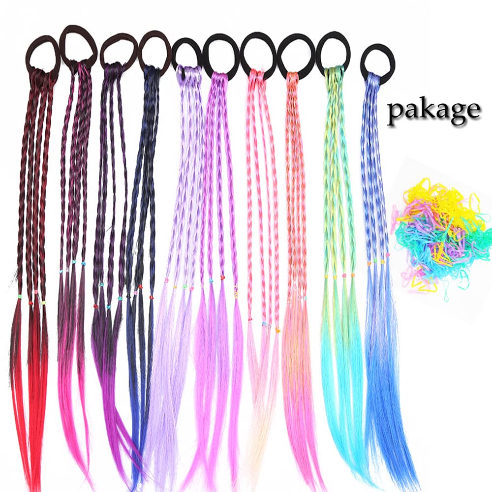 10 Pieces Girls Colored Braids Hair Extensions Accessories with Rubber Bands Rainbow Braided Synthetic Hairpieces Ponytail Hair Accessories for Women Kids Girl Dress Beautification Hair Accessories