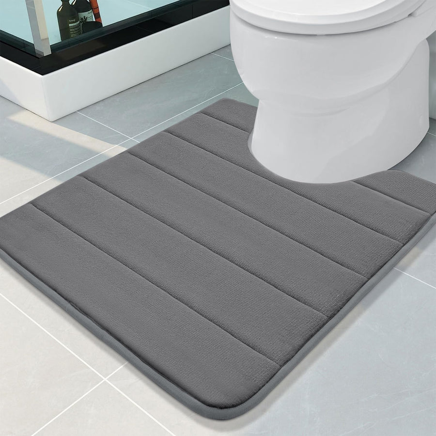Memory Foam U-Shaped Contour Toilet Rugs, Non Slip Absorbent, Thick Soft Washable Bathroom Mat, Floor Carpet Bath Rugs Mat for Toilet Base (24 x 20, Grey)