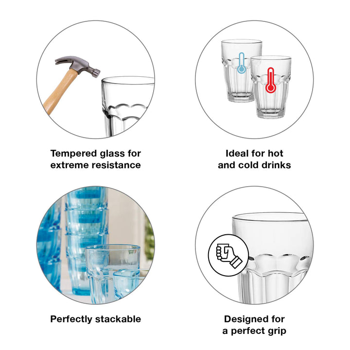 Rock Bar Stackable Beverage, Set Of 6 Dishwasher Safe Drinking Glasses For Soda, Juice, Milk, Coke, Beer, Spirits – 12.5oz Durable Tempered Glass Water Tumblers For Daily Use