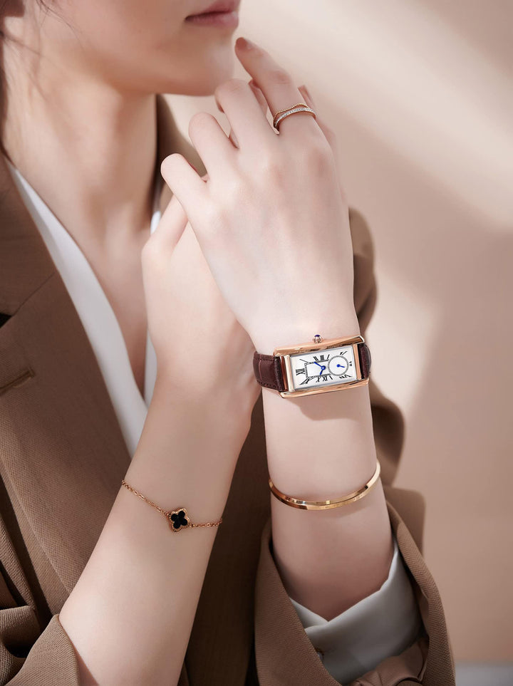 Women Quartz Watch Lady Stylish Rectangle Dress Watch with Leather Strap and Sapphire Crown (Rose Green)