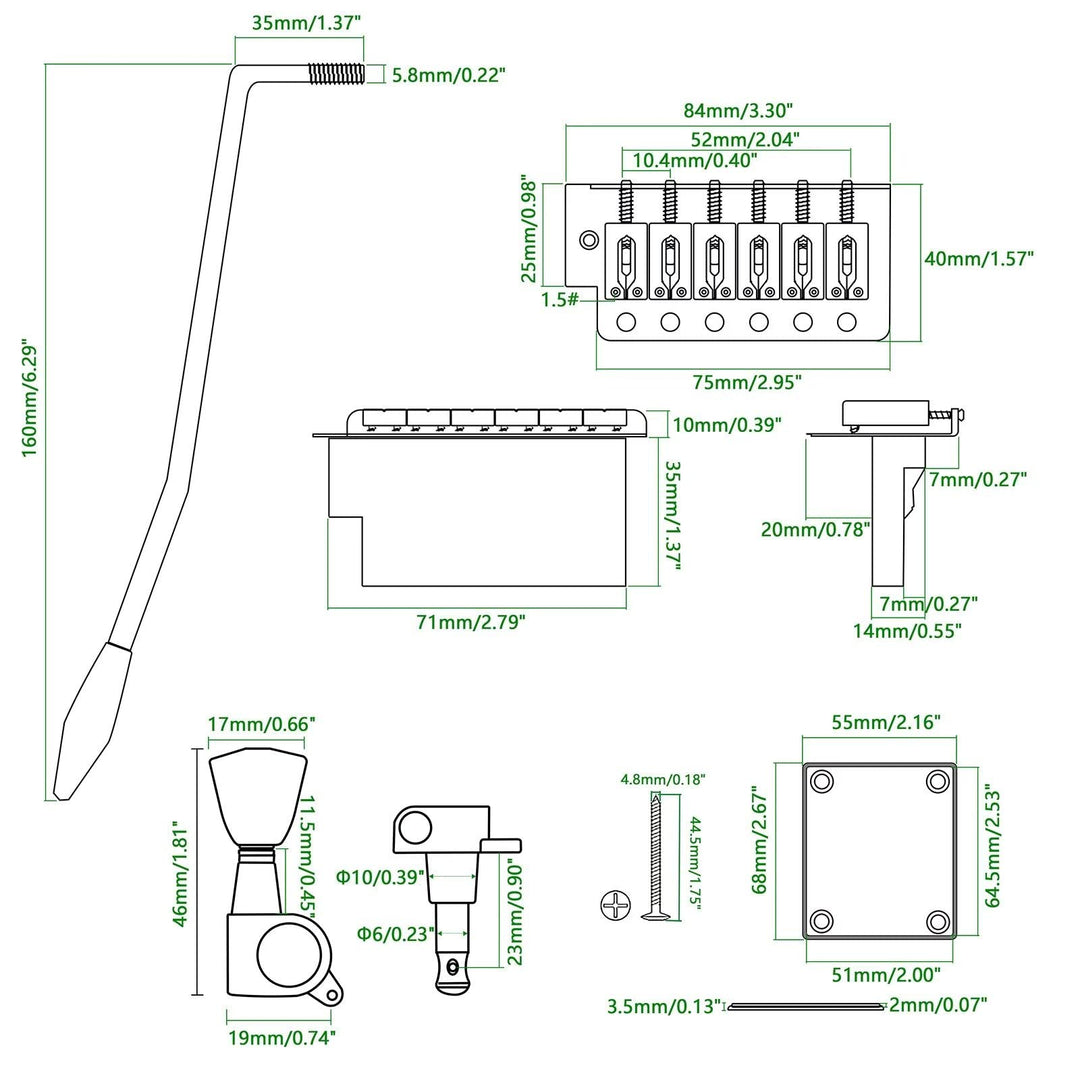 Black 6 Strings Electric Guitar Tremolo Bridge Bar Kit,6R Sealed Gear Tuning Pegs Keys Machine Head with Neck Plate Reinforce Board for Strat Fender Guitar Replacement