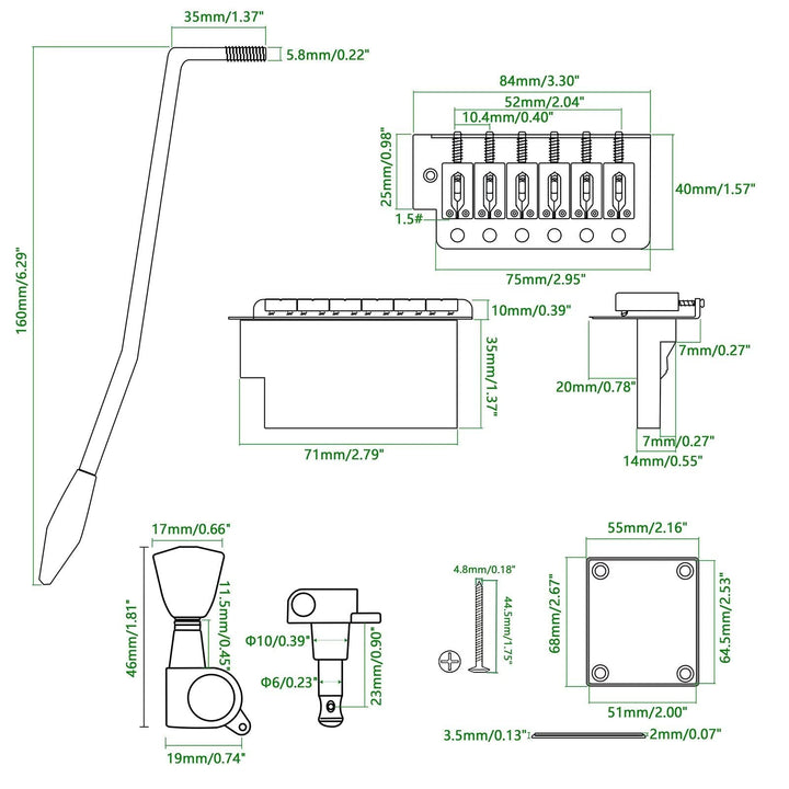 Black 6 Strings Electric Guitar Tremolo Bridge Bar Kit,6R Sealed Gear Tuning Pegs Keys Machine Head with Neck Plate Reinforce Board for Strat Fender Guitar Replacement