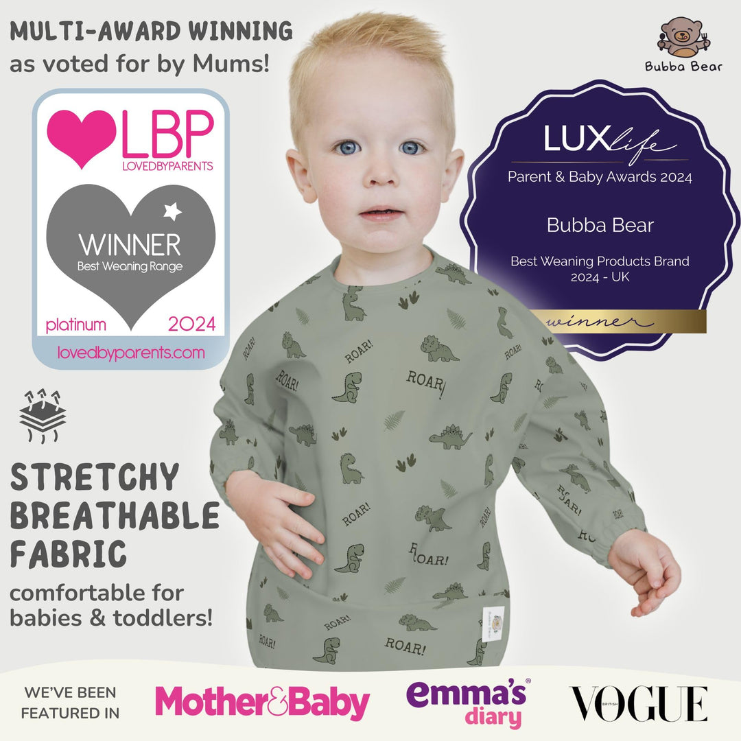 Bubba Bear Baby Bib with Sleeves, Long Sleeve Toddler Feeding Apron Bibs for Eating & Lead Weaning, Mess Proof Full Sleeved