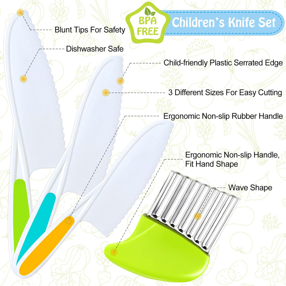 4 Pcs Kids Knife Set, Nylon Kitchen Knife with Crinkle Cutter, Serrated Edges Plastic Toddler Chef Knife for Real Cooking & Cutting Fruit Bread