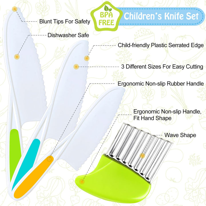 4 Pcs Kids Knife Set, Nylon Kitchen Knife with Crinkle Cutter, Serrated Edges Plastic Toddler Chef Knife for Real Cooking &amp; Cutting Fruit Bread