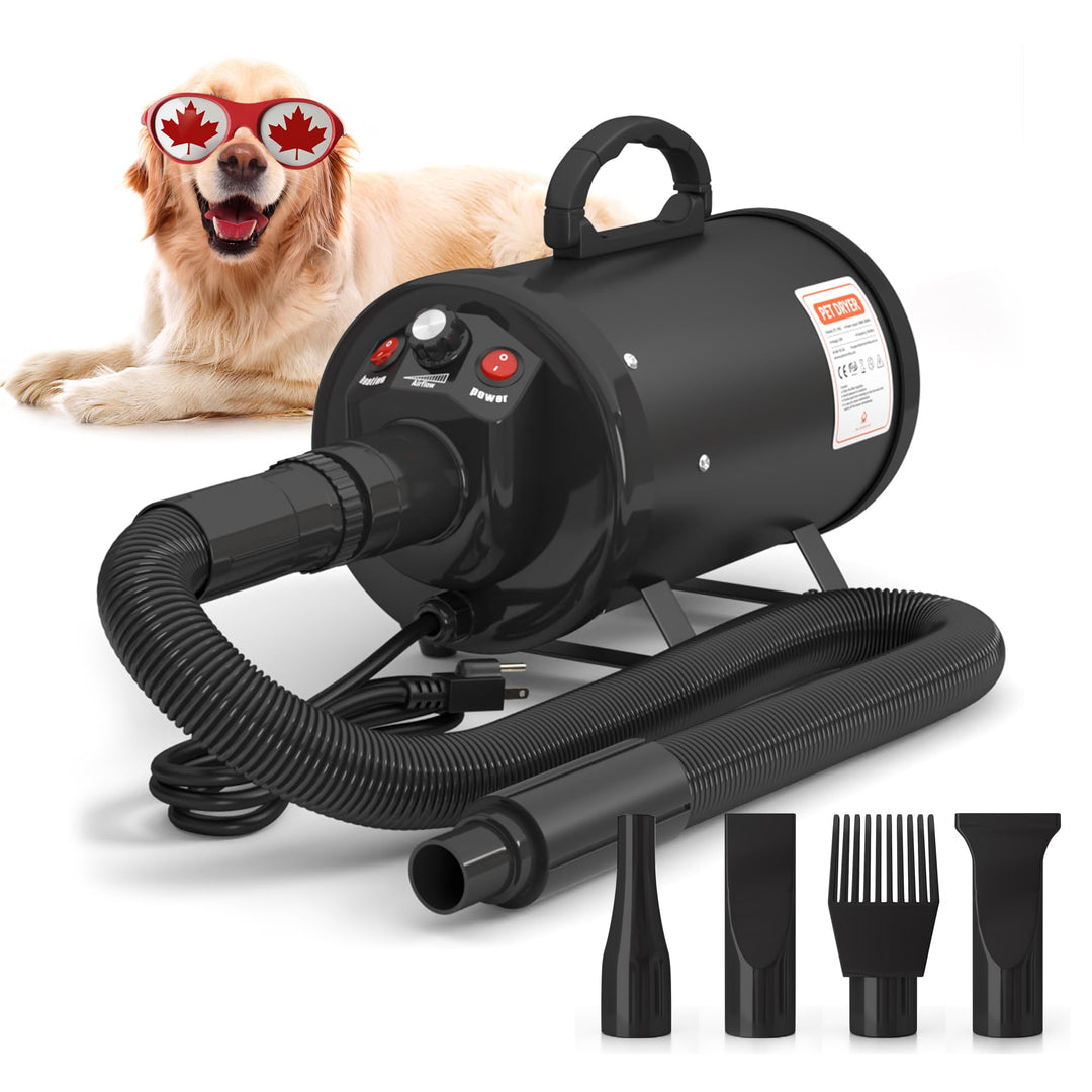 High-Velocity Dog Dryer for Grooming - Quiet Pet Hair Blow Dryer with Heater, 4 Nozzles &amp; Adjustable Speed - Professional Dog Blower for Large Dogs, Thick Coats &amp; Deshedding