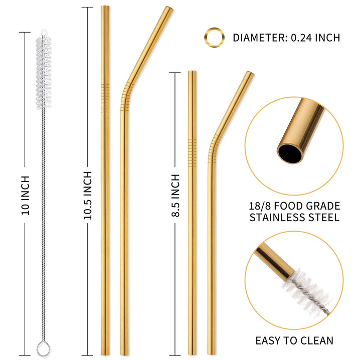 Hiware 12-Pack Gold Stainless Steel Straws Reusable with Case - Metal Drinking Straws for 30oz / 20oz Tumblers Yeti Dishwasher Safe, 2 Brushes Included