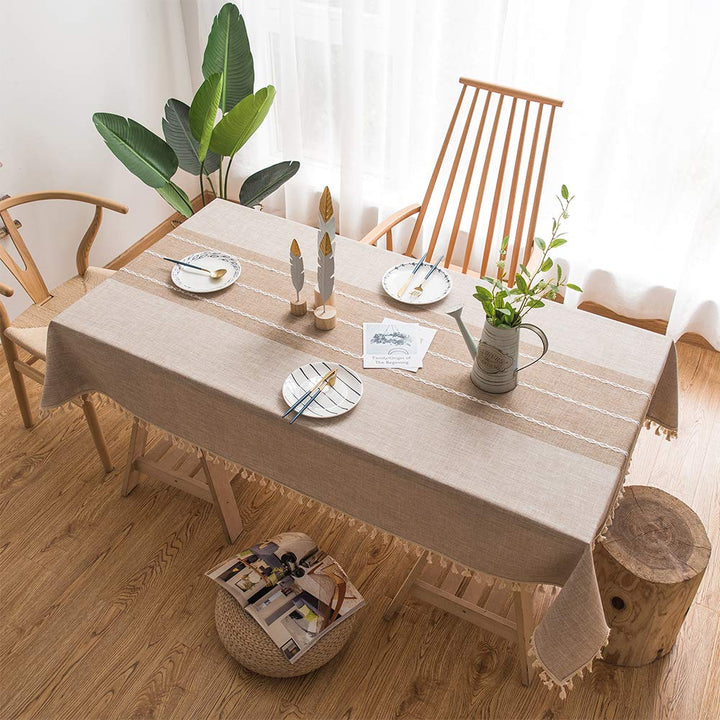 smiry Rustic Farmhouse Linen Tablecloth, Embroidered Burlap Table Cloth with Tassel, Wrinkle Free Dining Room tablecloths for Rectangle Tables, 55 x 157 inches, Light Grey