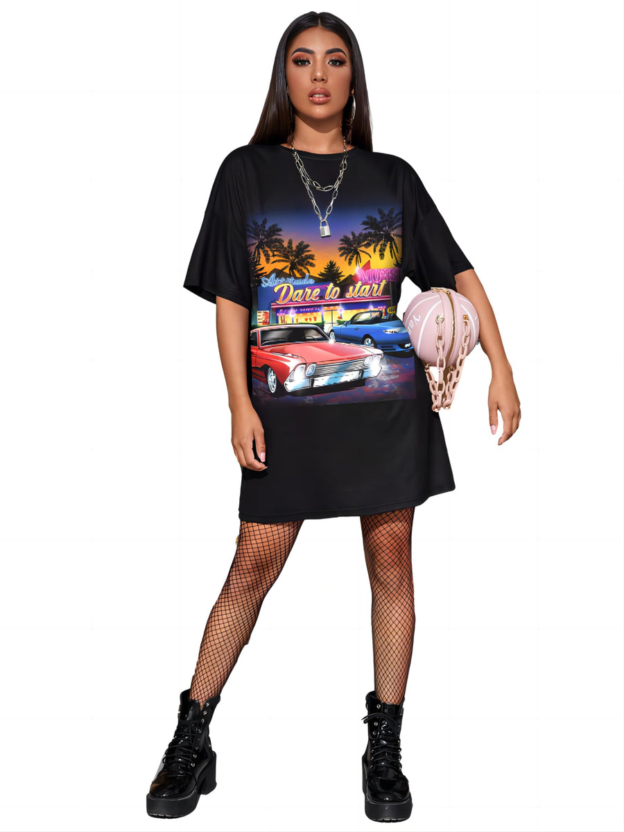 Women's Casual Graphic Print Short Sleeve Loose T Shirt Dress Black L