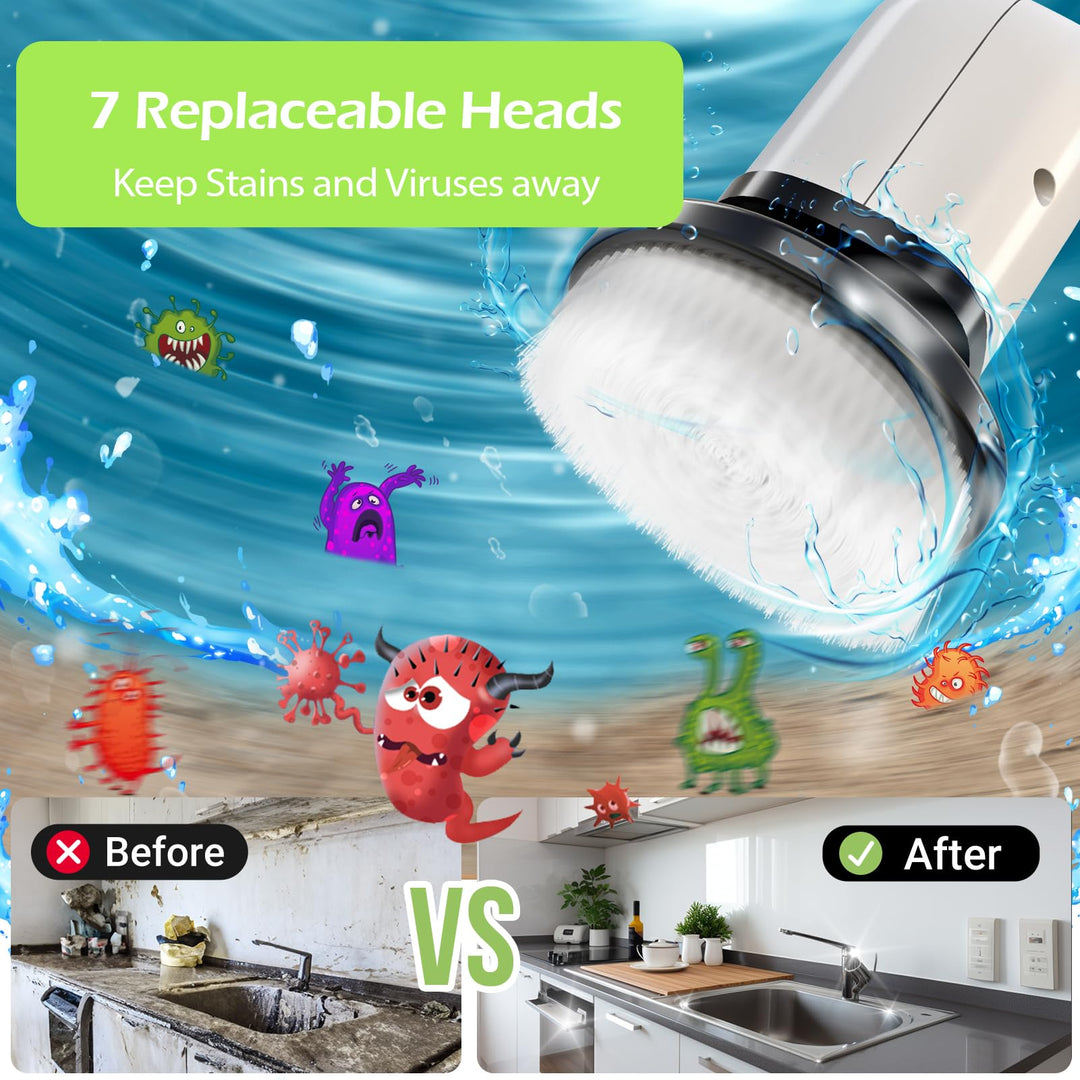Electric Spin Scrubber, Cordless Bathroom Tub Scrubber with Long Handle &amp; 7 Replaceable Cleaning Heads, Extension as Short Handle, Portable Power Shower Brush Household Tools for Tile Floor