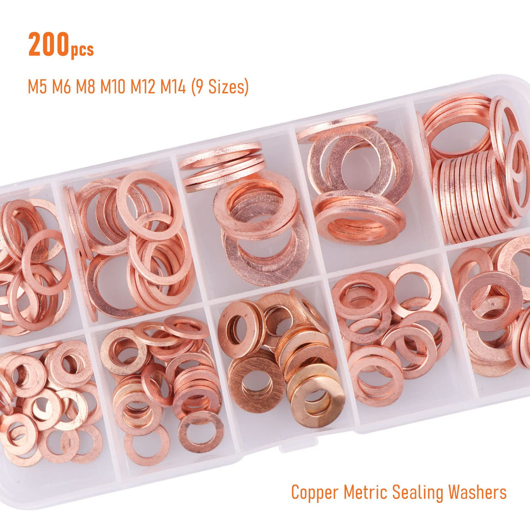 200pcs Copper Crush Metric Washers Assortment Kit Flat Sealing Washer M5 M6 M8 M10 M12 M14 (9 Sizes)