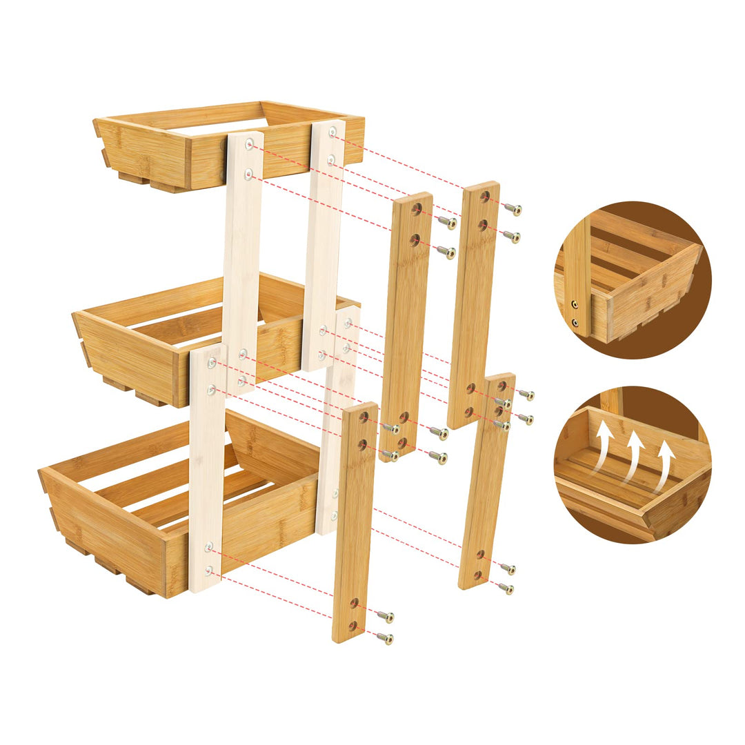 Bamboo Fruit Basket for Kitchen Counter, 3 Tier Fruit Basket Fruit Stand Holder for Fruit and Vegetable Storage, Fruit Bowl with Banana Hanger for Countertop (Easily Assembled)