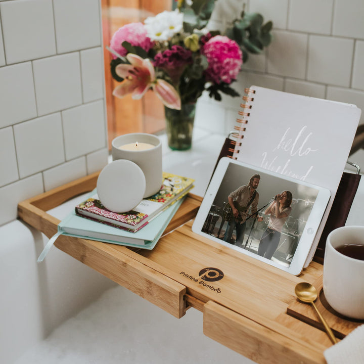 Bamboo Bathtub Caddy Tray for Tub- Expandable Bath Tray - Adjustable Organizer Tray for Bathroom for Luxury Spa - Book Holder, Tablet Smartphone and Wine Holder (Grey)