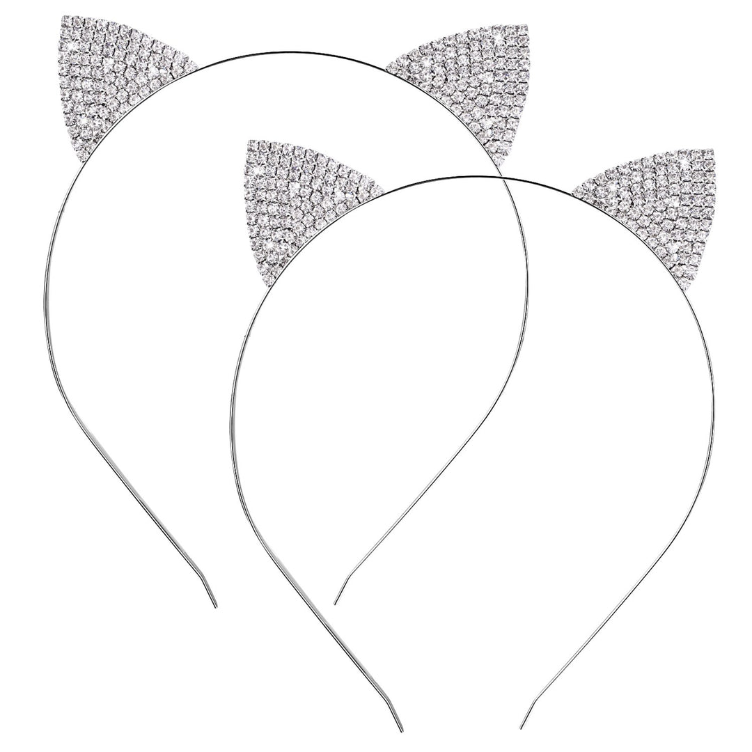 Hotop 2 Pack Crystal Rhinestone Metal Cat Ear Headband Hair Bands Headwear for Women Girls Hair Accessories