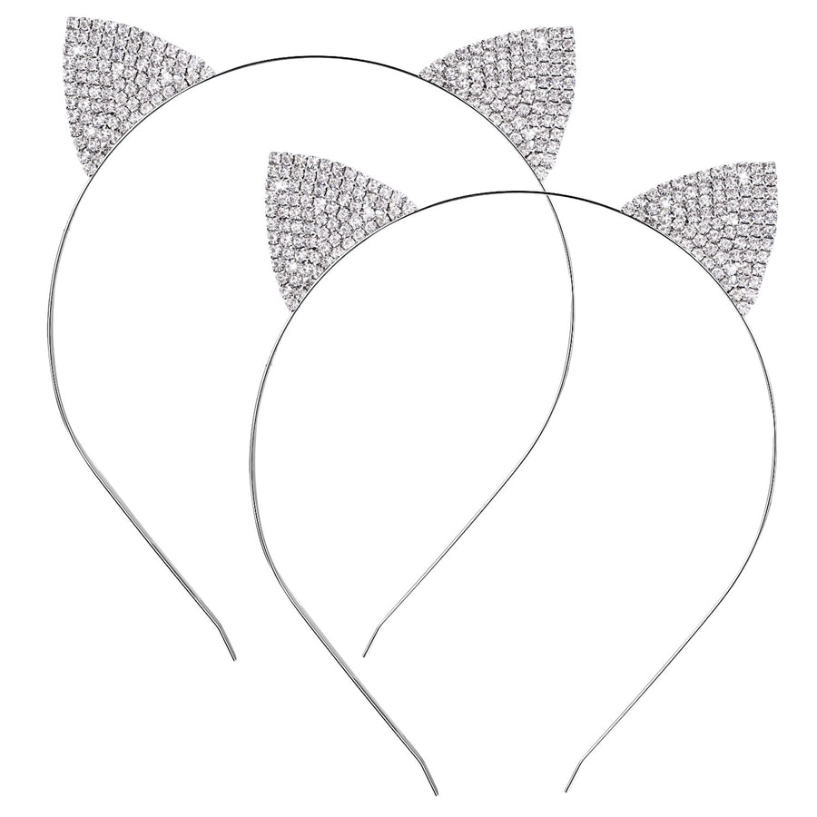 Hotop 2 Pack Crystal Rhinestone Metal Cat Ear Headband Hair Bands Headwear for Women Girls Hair Accessories