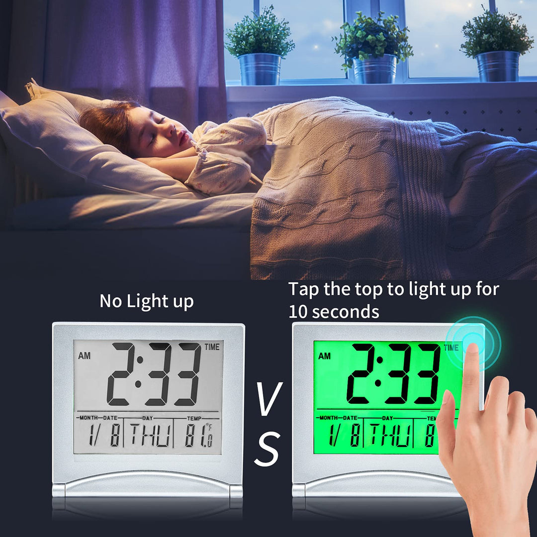 Small Digital Travel Alarm Clock Battery Operated, Portable LCD Large Display Alarm Clock with Backlight, Temperature Desk Clock -Silver(Green Light)