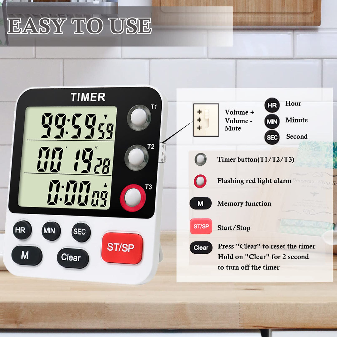 Digital 3 Channels Kitchen Cooking Multiple Timer with Large LCD Count Up Down Stopwatch ON Off Switch Timer for Teaching Reading 3-Level Adjustable Volume with Magnetic Back Battery Included