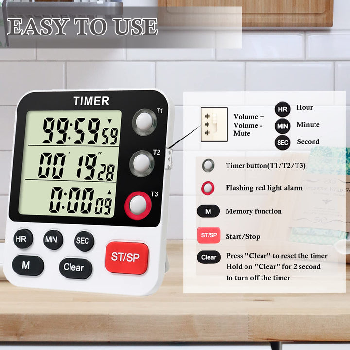 Digital 3 Channels Kitchen Cooking Multiple Timer with Large LCD Count Up Down Stopwatch ON Off Switch Timer for Teaching Reading 3-Level Adjustable Volume with Magnetic Back Battery Included