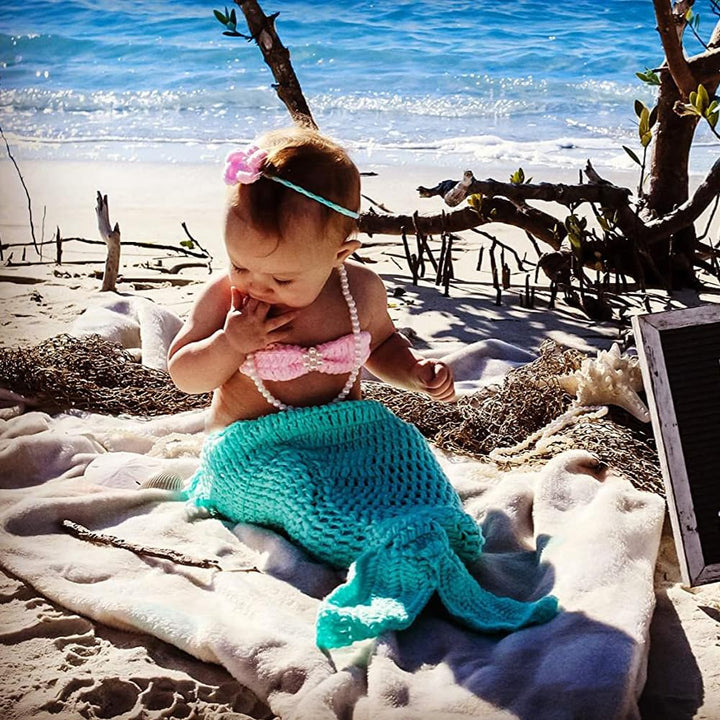 M&amp;G House Newborn Photography Prop Mermaid Outfit Baby Photo Props Handmade Crochet Mermaid Tail Outfit Baby Mermaid Costume Set Headband Bra Tail