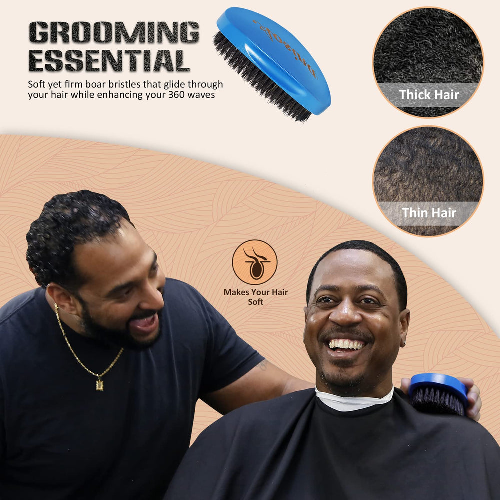Medium Curved Palm Wave Brush 360 Wave Brush Made With Pure Black Boar Bristle Hair Brush Designed for Thin and Normal Hair-Mens Curved Military Wave (Blue)