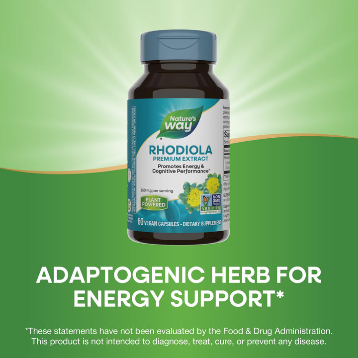 Nature&#39;s Way Rhodiola Premium Extract - 250 mg per serving - Supports Energy &amp; Mental Stamina* - Non-GMO Project Verified - Adaptogenic Herb* - Vegan &amp; Gluten Free - 60 Capsules