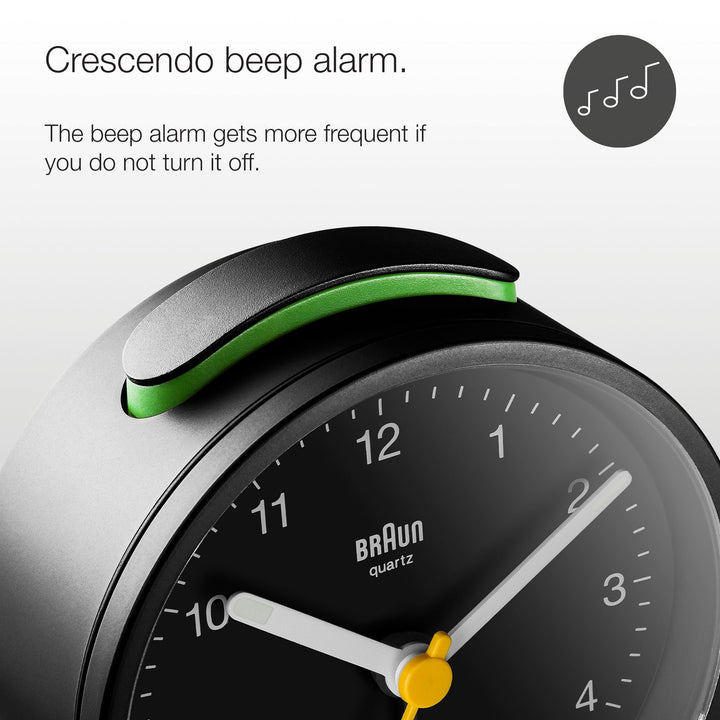 Braun Classic Analogue Alarm Clock with Snooze and Light, Quiet Quartz Movement, Crescendo Beep Alarm in Black, Model BC12B.