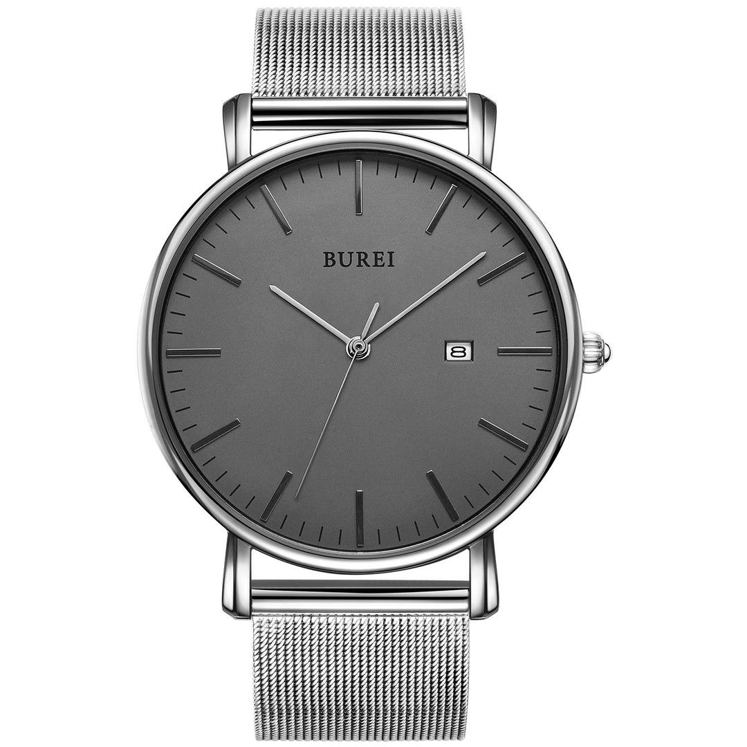 Men&#39;s Fashion Minimalist Wrist Watch Waterproof Watches Simple Ultra Thin Watches Analog Quartz Date with Stainless Steel Mesh Band (Gray Silver)