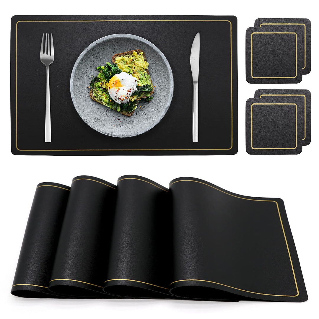 Placemats,Place Mats Coaster for Dinner Table Set of 4 Leather Placemats,Heat-Resistant Non-Slip Washable Insulation Placemats Modern Fashion Style Placemats,4 Placemats &amp; 4 Coasters (Black)
