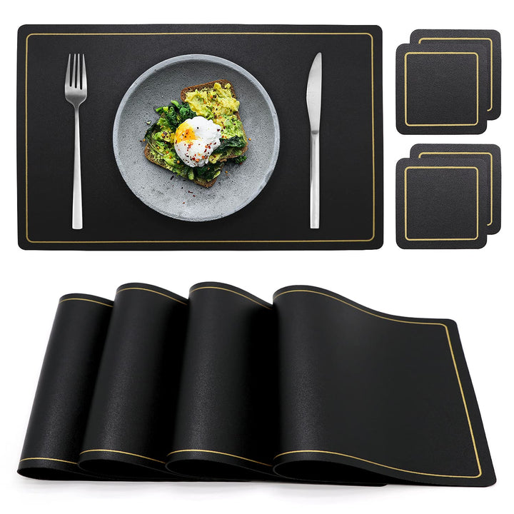 Placemats,Place Mats Coaster for Dinner Table Set of 4 Leather Placemats,Heat-Resistant Non-Slip Washable Insulation Placemats Modern Fashion Style Placemats,4 Placemats &amp; 4 Coasters (Black)