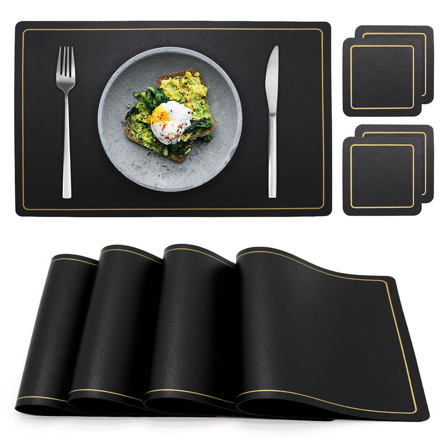 Placemats,Place Mats Coaster for Dinner Table Set of 4 Leather Placemats,Heat-Resistant Non-Slip Washable Insulation Placemats Modern Fashion Style Placemats,4 Placemats & 4 Coasters (Black)