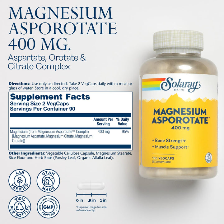 Solaray Magnesium Asporotate 400 mg | Aspartate, Orotate &amp; Citrate Complex | Healthy Heart, Muscle, Nerve &amp; Circulatory Function Support | 180 VegCaps