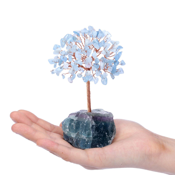 Natural Aquamarine Crystal Tree, Raw Healing Crystals Fluorite Base Bonsai Money Tree for Home Office Table Decor Wealth and Luck