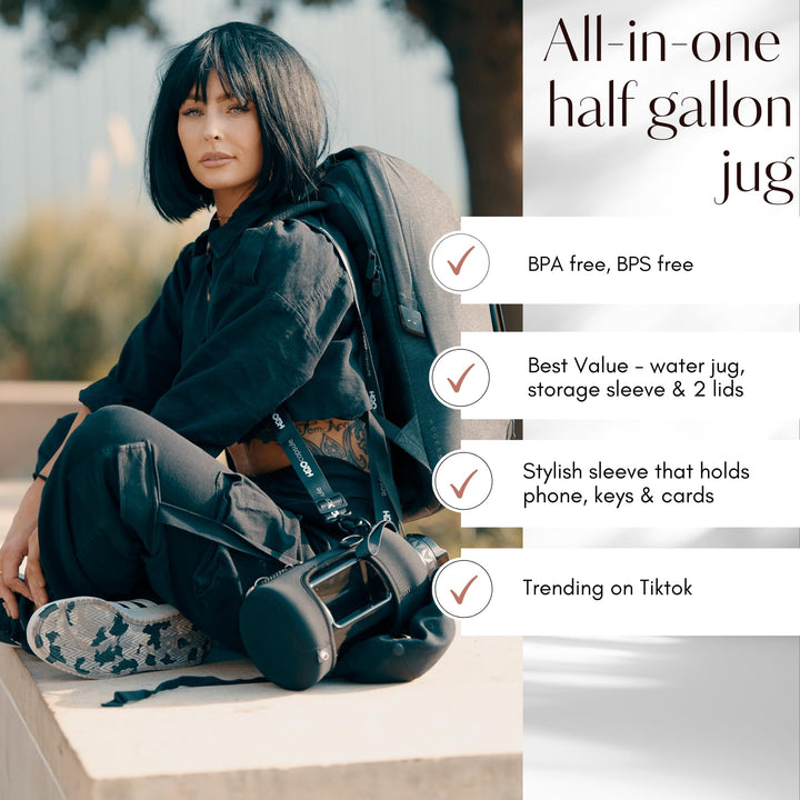 2.2L Half Gallon Water Bottle with Storage Sleeve and Removable Straw – BPA Free Large Reusable Drink Container with Handle - Big Sports Jug, 2.2 Liter (74 Ounce), Jet Black