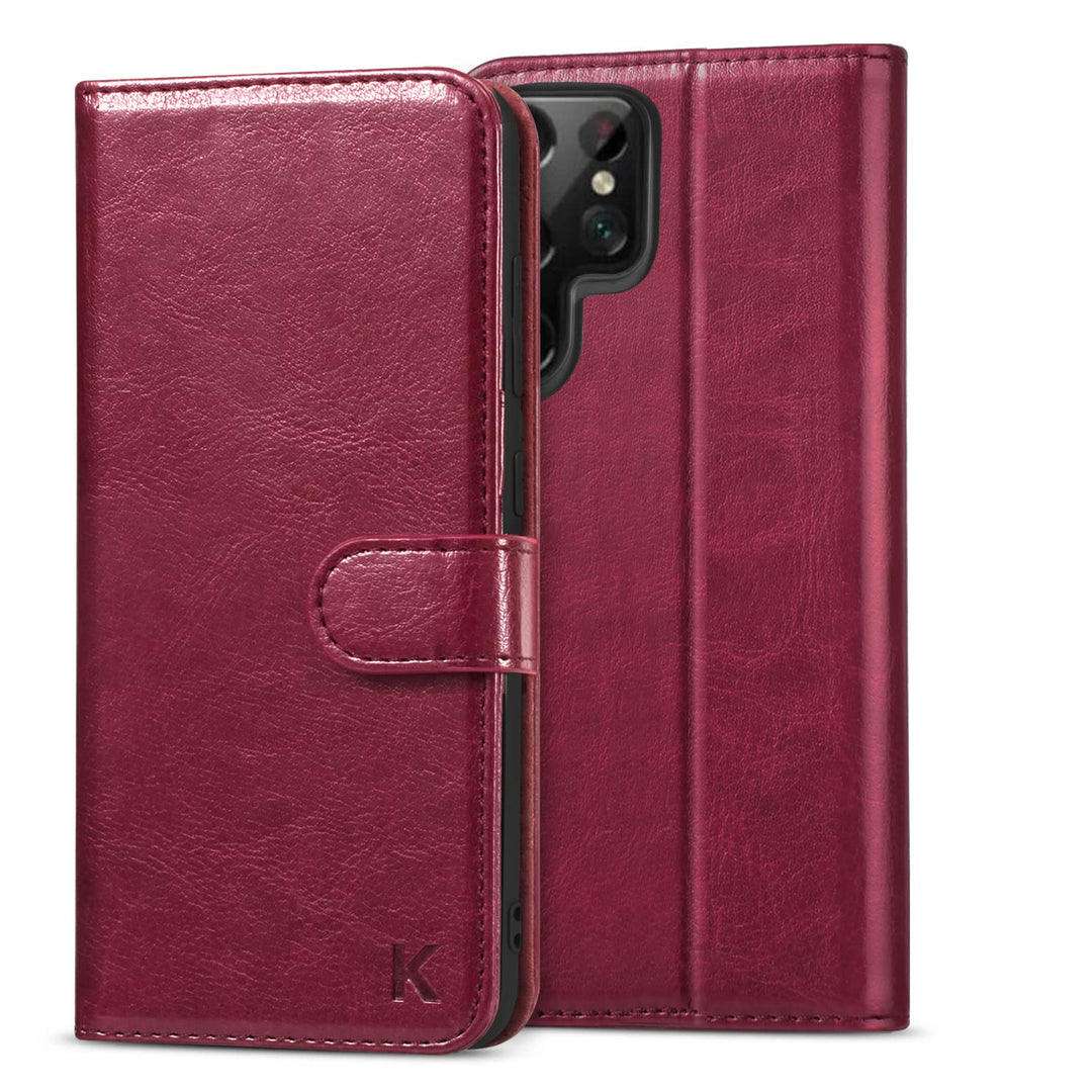 KILINO Wallet Case for Galaxy S22 Ultra Snap Closure [S-Pen Fully Compatible] [RFID Blocking] [Shock-Absorbent Bumper] [Card Slots] [Kickstand] Flip Folio Cover for Samsung S22 Ultra (Burgundy)