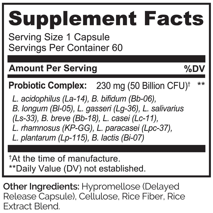 Probiotics for Digestive Health - 50 Billion CFU, 11 Strains Daily Supplement - Boosts Immune System, Delayed Release, 60 Vegetarian Capsules