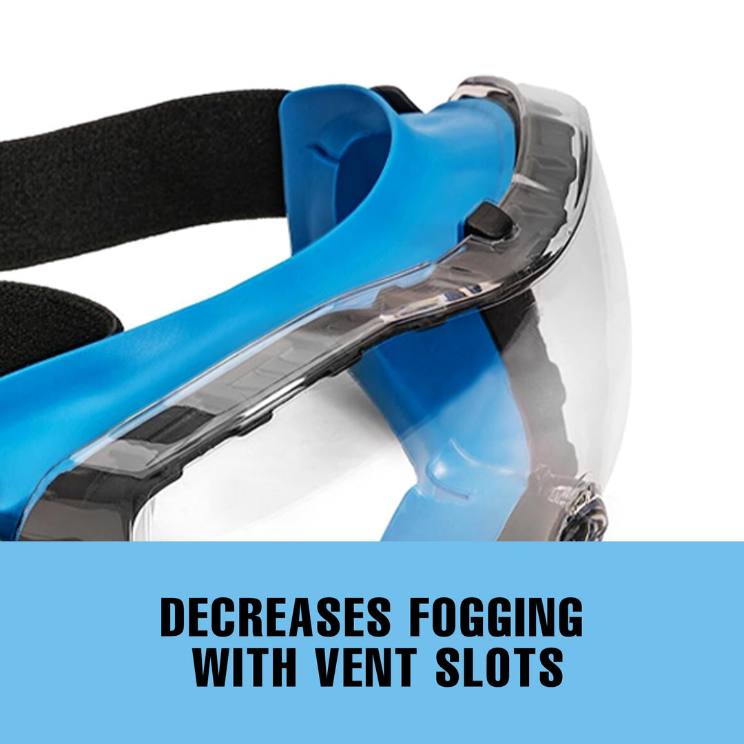 Safety Goggles Anti-Fog Clear Lens with Adjustable Elastic Headband. Protective Eyewear for Men &amp; Women (Blue)