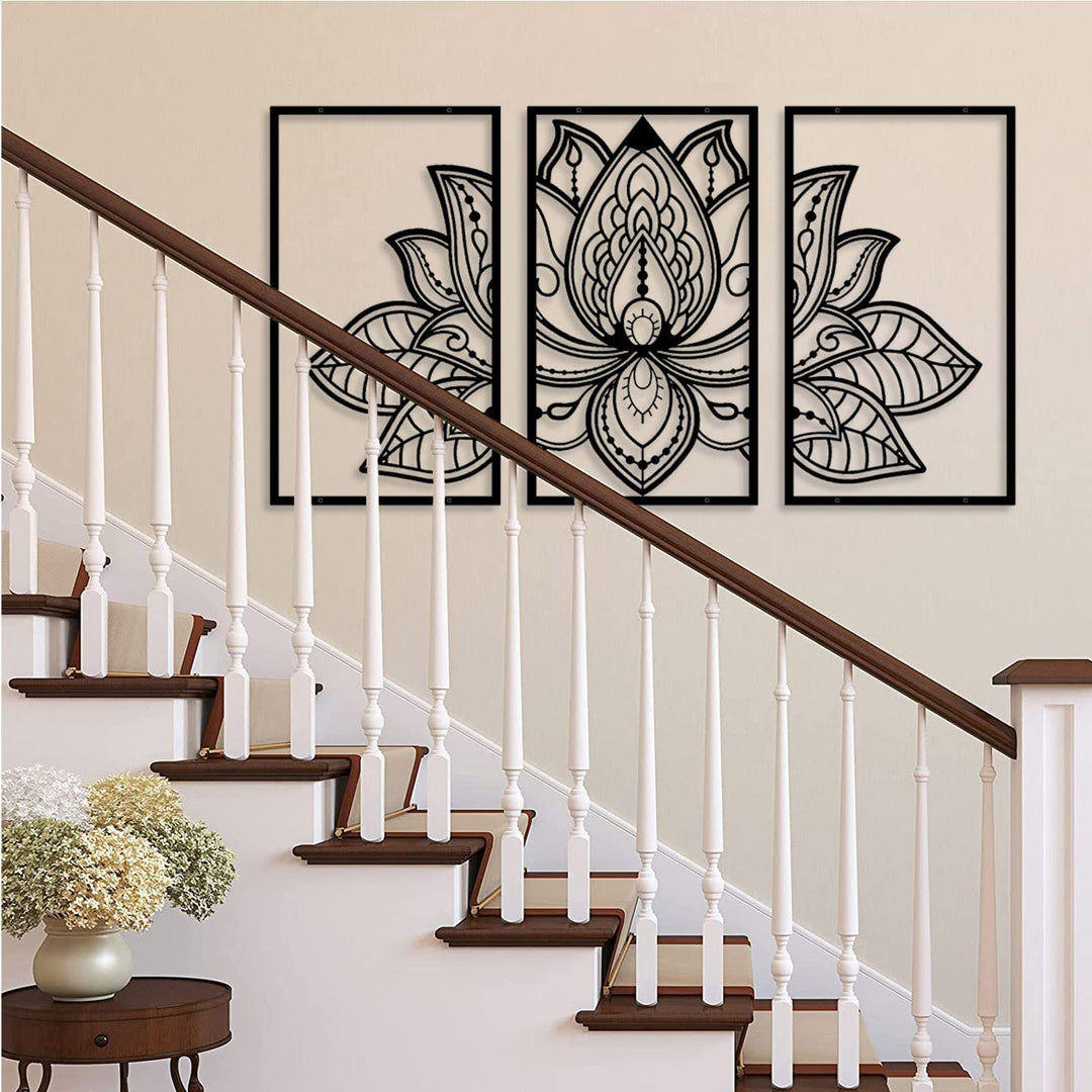 Large Lotus Flower Metal Wall Art 3-piece Set, Religion Faith Mandala Home Wall Decoration for Living Room, Bedroom, Office and Yoga Room