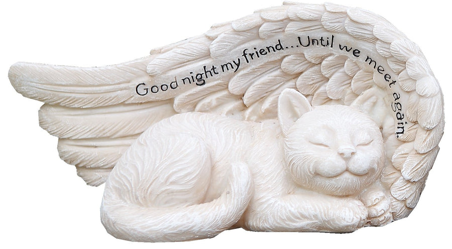 11147 Small Sleeping Cat in Angel's Wing Garden Statue with Inscription, 8 x 4